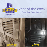 Before and after photo of a dryer rear panel that has been cleaned by our professionals.